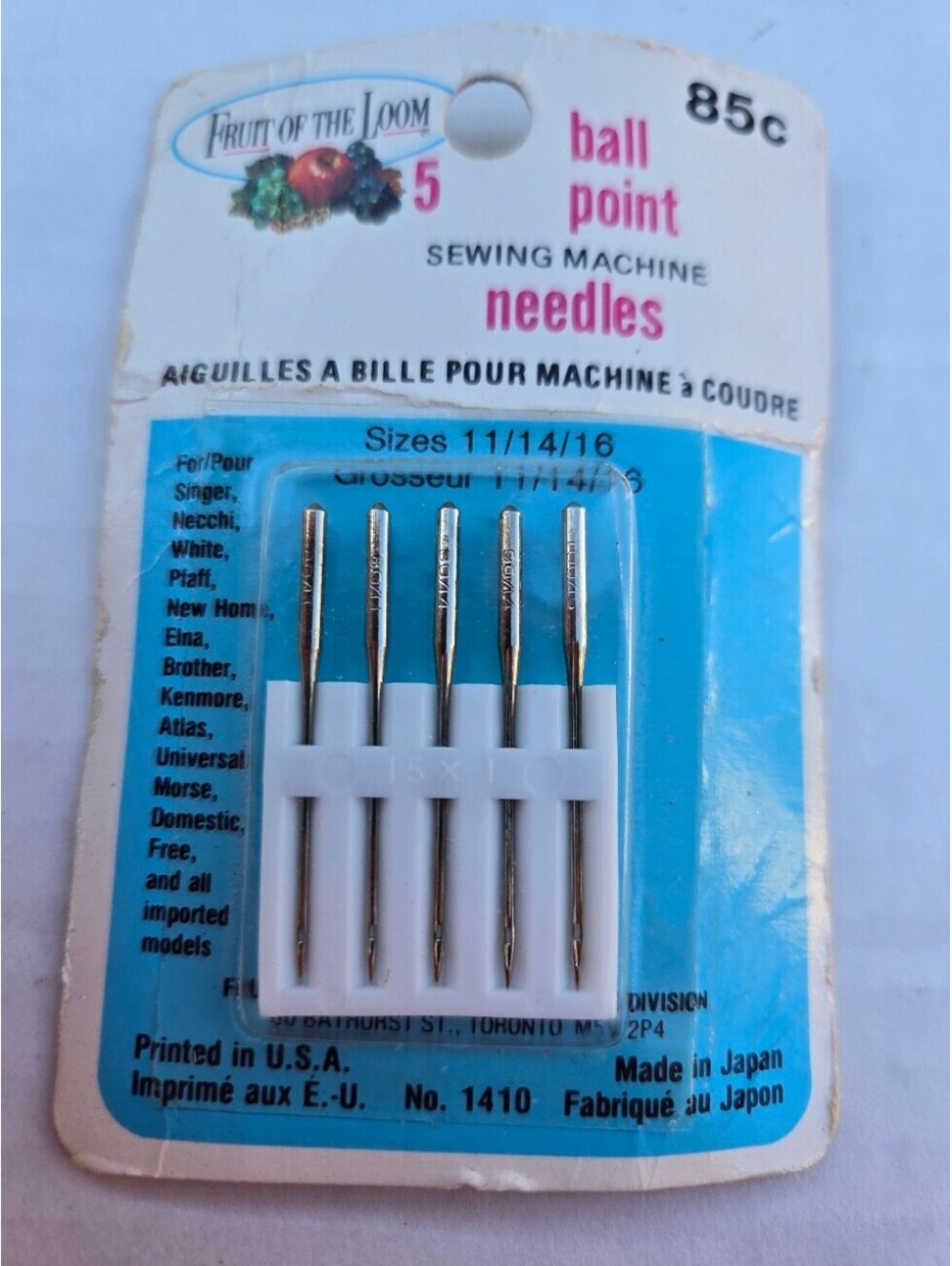 Vintage Fruit of the Loom Ball Point Sewing Machine Needles 15x1 Sizes 11 14 16